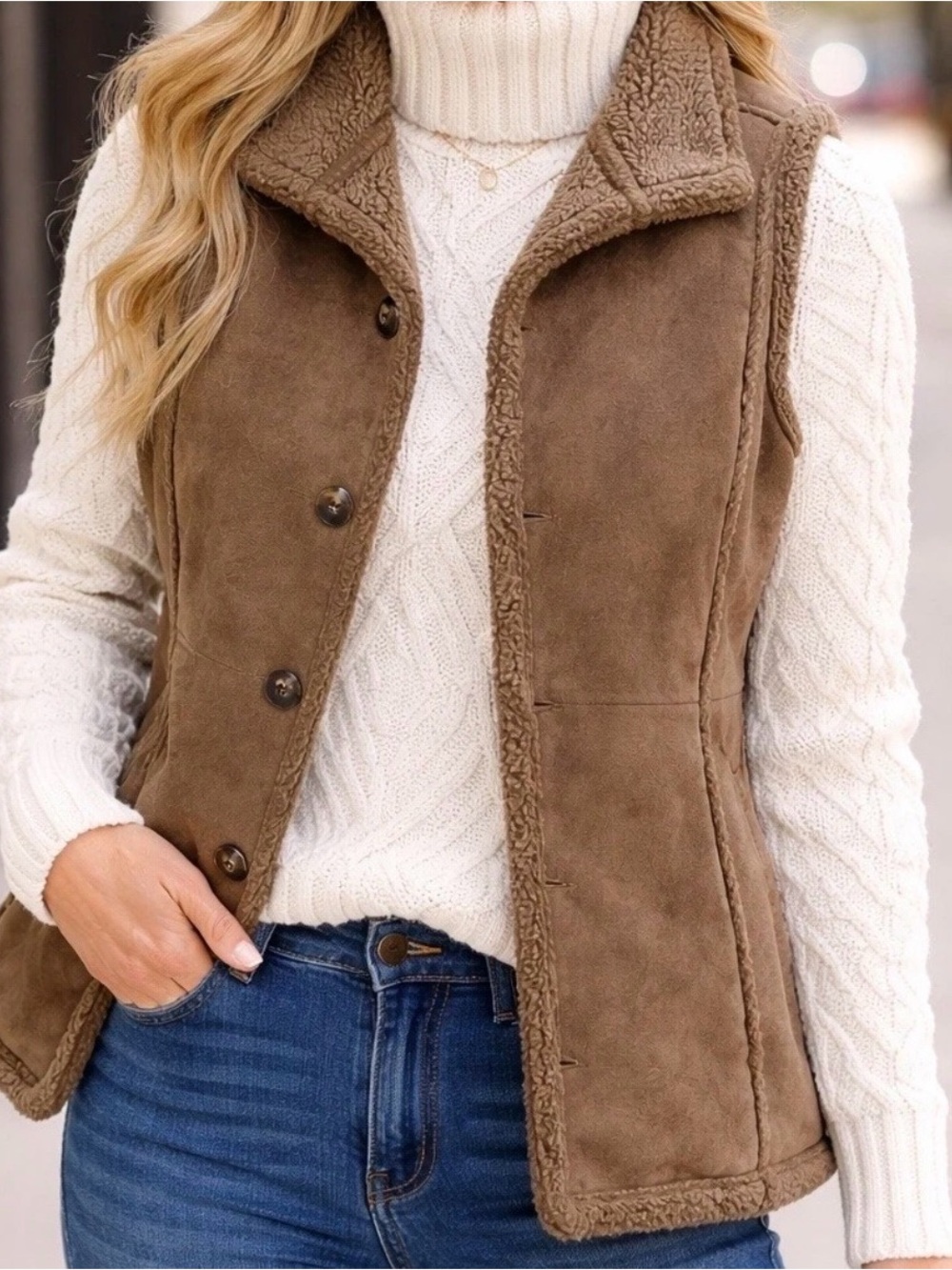 L.L. Bean Faux Shearling Vest Women's Brown Sherpa Button Up Size Large